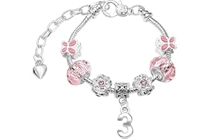 CHARM BUDDY Girls Sparkly Pink Butterfly Crystal Silver Plated Adjustable Birthday Charm Bracelet with Gift Box Birthday Gifts for Girls 3rd 4th 5th 6th 7th 8th 9th 10th 11th 12th 13th Age Birthday Jewellery for Girls Kids Jewelry