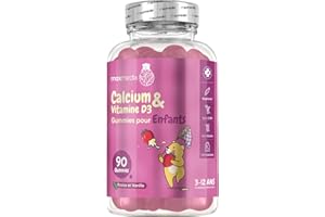 MAXMEDIX Calcium et Vitamine D Enfant Gummies, 90 Gummies Faibles en Sucre, Vitamine Enfant 3 Ans à 12 Ans à l'Arôme Naturel de Fraise et Vanille, Végétarien, sans Gluten ni Lactose