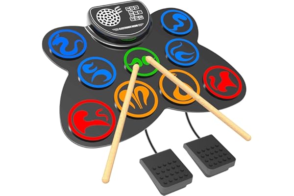CNAPXAIA Bateria Electronica, Kit de Bateria Infantil Portátil con Altavoz Estéreo Incorporado, Batería Eléctrica Enrollable de 9 Pads Silicona Instrumento Musical Regalos para Niños y adultos