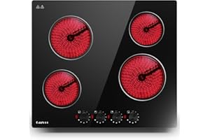 Cazooo Ceramic Hob 4 Zones, Built-in Electric Hob 60cm with Knob Controls, Electric Ceramic Hob 4 Burners with 8 Power Levels, Over Protection, Residual Heat Indicator, 6000W, Hard Wired, Black