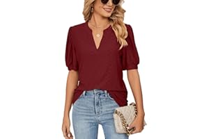 EDOTON Damska koszulka z krótkim rękawem, dekolt w serek, na co dzień, na lato, jednolite rękawy z bąbelkami, luźna koszulka dla kobiet, czarny