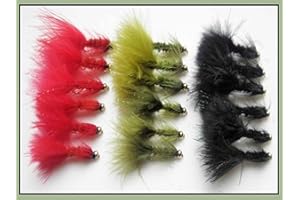 TROUTFLIES UK LURES Woolly Bugger Forellenfliegen, 18 Stück, Rot, Schwarz und Olivgrün, gemischte Größe 8/10, Angeln