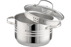 Daniks Tokio Faitout Inox 18 cm 2.9 Litres | Marmite avec Couvercle en Verre | Bec Verseur, Egouttage Facile | Tous Feux Dont Induction | Échelle de mesure | Argent