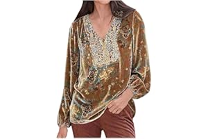 TURWXGSO Woman's Shirts UK Sale Elegant Velvet Tops V Neck Long Sleeve Blouses Retro Floral Print Shirts Plus Size Lantern Sleeve Patchwork Tops Size 8-22 Party Wear