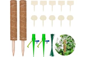 Halcyerdu 2 Stück 40 cm Kokosstab, mit 10 Pflanzenschilder, 50 Pflanzenbinder und 2 Automatisch Bewässerung, für Zimmerpflanzen, Pflanzstab Kokos Rankstab Rankhilfe Blumenstab