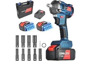 NUZEKY Cordless Electric Impact Wrench 1/2 inch: Max Torque 442 Ft-lbs(600Nm), 3300RPM, Brushless Impact Gun with 2X 3.0Ah Battery, Charger & 9 Sockets - High Power Impact Wrench for Car Home