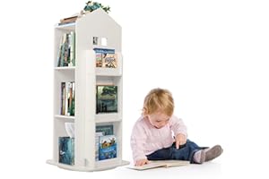 mosegor Children's Rotating Bookshelf, Free Standing 3 Tier Kids Bookcase, Wooden 360° Swivel Revolving Bookcase, Castle Spinning Child Book Storage Shelf for Living Room, Bedroom and Playroom(White)