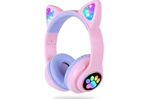 LAIBUY Bluetooth Kopfhörer Kinder, Kabellos Kinder Kopfhörer mit LED-licht Katzenohren und Mikrofon,HD Stereo Sound Faltbare Mädchen Kopfhörer für PC/Lernen/Schule (rosarot), STYU-3