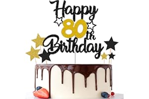 Gidobo 80th Birthday Cake Toppers, Black Gold Glittery Cake Decorations with Stars, Eighty Years Old Birthday Party Supplies for Men and Women