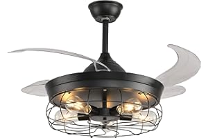BEL AIR HOME - Wentylator Sufitowy z Silnikiem DC, 6 Prędkości, Seria Anticuario, 5xE27, Łopatki Składane, Styl Rustykalny, Kolor MATTE BLACK, Akryl, 42x50cm/42x107cm