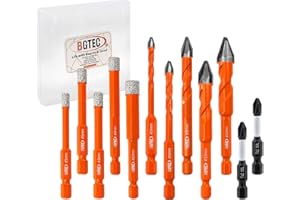 BGTEC Punte Trapano Diamantate 12 pezzi- 5/6/6/8/10MM + Trapano in Carburo 5/6/8/10/12MM pour Carrelage Porcelaine Grès Céramique Marbre Granit Bois & Plastique - con punta a cacciavite PH2