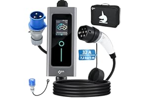 EVIEUN Tipo 2 EV Cargador 7.2KW Monofásico 5 Metros, 6A-32A Conmutable Cargador de Vehículo Eléctrico con Adaptador CEE a Schuko, IEC 62196-2, Pantalla Digital Carga Temporizada
