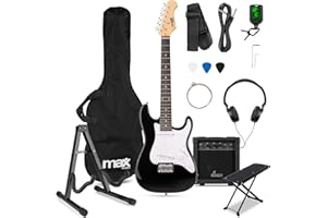 MAX SoloArt 3/4 Junior Electric Guitar Practice Package – Complete Beginner Set with Guitar, Folding Stand and Adjustable Foot Rest – Ideal for Kids and New Players, Black