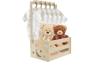Yeqqzq Wooden Baby Shower Crate Closet with 5 Hangers, Baby Basket Babys Clothes, Rail Baby Hamper, Decorative Basket Storage Crate, Personalized Babys Gifts for Newborn Boy Girl New Parent