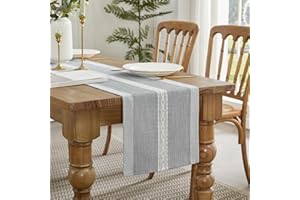 Wracra Stickerei Baumwolle Leinen Tischläufer, Bauernhaus-Stil Indoor Outdoor Grau Tabelle Läufer 90cm für Party Esszimmer Küche Dekorationen(Grau, 90cm)