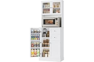 HOCSOK 182.5cm Kitchen Pantry Cupboard, Freestanding Kitchen Storage Cabinet with 4 Doors and 2 Drawers, Display Cabinets with 2 Glass Doors for Dining Room, Office, Living Room, Modern, White