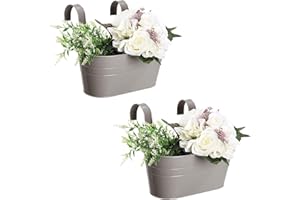 Pumpumly 2Pcs Metal Hanging Flower Pots - Railing Planter Balcony Planters for Railing,Over Fence Planters with Double Detachable Hooks Wall Hanging Planter for Garden Home Decoration