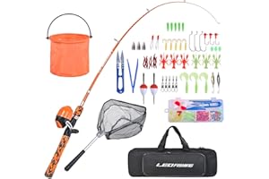 LEOFISHING Ensemble de canne à pêche pour enfants avec kit de démarrage complet canne à pêche télescopique portable et moulinet Spincast avec un filet de pêche et un seau pour garçons, filles et