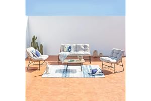 CONCEPT USINE | Salon de Jardin 4 Places | 4 pièces avec Coussins : 2 Fauteuils + 1 canapé + Table Basse Plateau Verre Trempé | Résine Aspect Rotin | GUAHANA | Structure Acier | Intérieur Extérieur