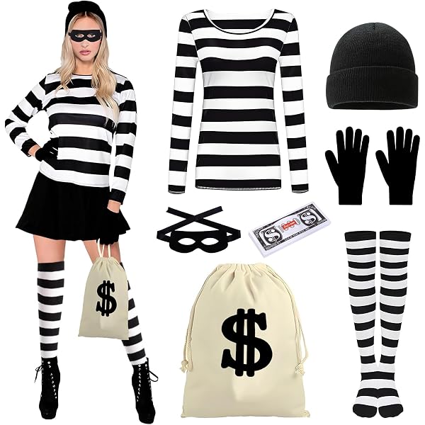 Räuber Kostüm Für Kinder - Gestreiftes T-Shirt, Baskenmütze, Maske & Swag Bag | Für Halloween, Karneval & Rollenspiel