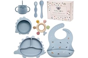 Lucky Koala® Coffret Repas Bébés en Silicone I Assiette et Bol avec Ventouse, Bavoir, Tasse et Cuillères d'apprentissage, Anneau Dentition I Qualité Alimentaire I Sans BPA I Coffret Cadeau