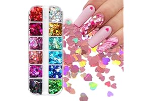 GZMAYUEN Błyszczące cekiny w kształcie serca, na Walentynki, 12 kolorów, holograficzne brokatowe brokatowe naklejki 3D w kształcie serca, konfetti, brokatowe naklejki na paznokcie do dekoracji