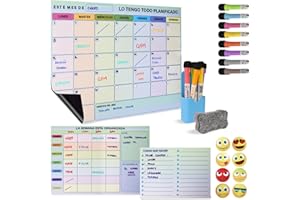 N NUEVAS IDEAS Calendario magnetico nevera - Pizarra magnetica nevera - Planificador semanal magnetico - Imanes pizarra magnetica - Incluye 3 pizarras, 8 marcadores, 8 stickers, 1 borrador y 1 vaso porta marcadores