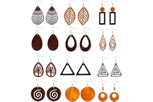 Lassuzie 12 Paires Boucles d'oreilles en Bois Naturel pour Femmes Boucles d'oreilles Pendantes Africaines Ethniques Légères Boucles d'oreilles Bohême Vintage Géométriques Crochet en Acier Inoxydable
