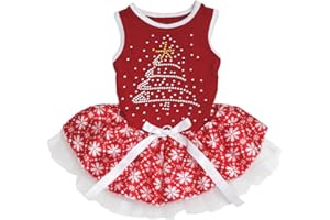Petitebelle Rhinestone Christmas Tree Puppy Dog Dress (Red/Red Snowflakes, Medium)