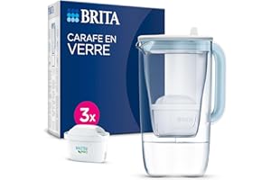 BRITA Carafe Filtrante Verre Bleue (2,5l) incl 3 filtres à eau robinet MAXTRA PRO Pure Performance réduit PFAS*, calcaire, chlore, certaines impuretés et métaux indicateur temps et volume versé