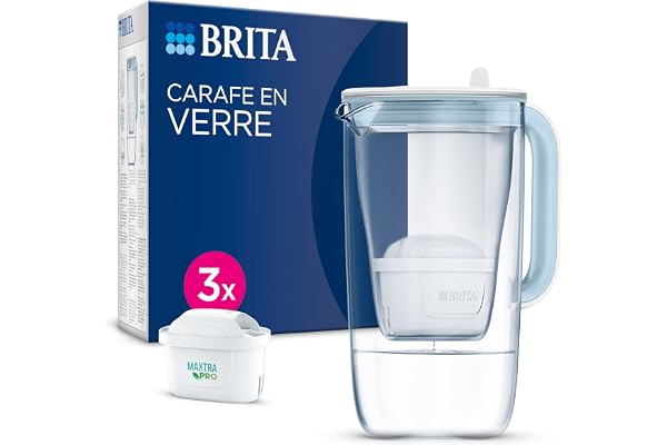 BRITA carafe filtrante en verre bleu clair (2,5 L) incl. 3 filtre MAXTRA PRO ALL-IN-1 – réduit les PFAS et le calcaire