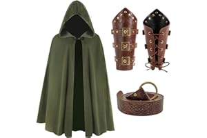 JoyFuncos Medieval Cloak with Hood, Renaissance Velvet Cape with Viking Belt Leather Bracers Costume Accessories Adult Men Women for Halloween