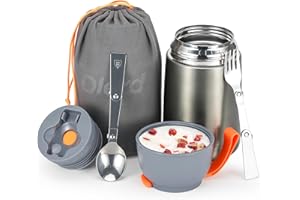 Olerd Contenitore termico per alimenti da 630 ml, contenitore termico con cucchiaio, forchetta, in acciaio inox, contenitore termico per il pranzo, per zuppe, caldo e freddo, per la scuola all'aperto