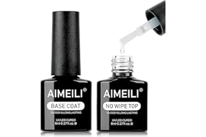 AIMEILI No Wipe Top e Base Coat Set Smalto Semipermanente per Unghie in Gel Soak Off UV LED Gel Unghie Kit per Manicure, Brillante e di Lunga Durata 2×8ml