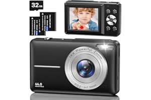 AOREGRE Macchina Fotografica Digitale con Scheda 32GB, 1080P 44MP Fotocamera Digitale Compatta con Zoom Digitale 16X Flash e 2 Batterie, Macchina Fotografica per Bambini, Adulti, Principianti (Nero)