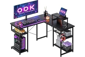 ODK Scrivania Gaming con Ripiano, Scrivania Gaming con Supporto per Monitor, Scrivania ad Angolo Nero 128×120 cm