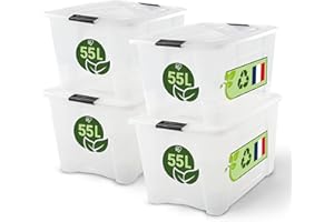 Iris Ohyama, Boite Rangement Plastique avec Couvercle, 55L, Lot de 4, Transparent, Clips de Fermeture, Poignée, Empilable, Organisation Solide et Durable, pour Chambre, Dressing, Bureau, BSB-55