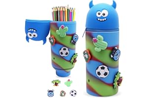 EOPUOZS Kawaii Piórnik 2 w 1, z zamkiem błyskawicznym, silikonowy, z motywem z kreskówki, zwijany (Niebieski)