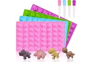 Qpout Silicona Caramelo Gummy Dinosaur Molds 4 Pack Dinosaurio Fondant Chocolate Molds con 4 Goteras Ice Cube Bandeja para Hornear Molde Pastel Decoración para Niños Dinosaurio Fiesta de Cumpleaños