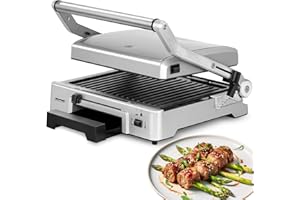 MPM MGR-10M Griglia a Contatto, Bistecchiera Elettrica, Regolabile in Altezza, Apertura a 180°, Piastre Rimovibili Antiaderenti, Regolatore di Temperatura 150 a 230°C, 2000W, Acciaio Inossidabile