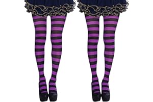 FUIPVGI 2 Pairs Striped Opaque Tights, Fever Hosiery Fancy Dress Women Full Footed Purple & Black Striped Socks High Stockings for Party Costume Dress Up, Halloween