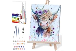 MRNSIET Highland Cow Paint by Numbers for Adults with Framed Canvas-with Wooden Easel,Cute Cow Paint by Number on Framed Canvas,DIY Acrylic Oil Painting Kits with Brushes for Home Wall Decor(12x16 Inch)