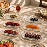 6 Adet Cam Oval Balık Sırtı &Ccedil;erez Meyve Meze Sunum Tabağı Kahvaltı Sunum Kayık Tabak