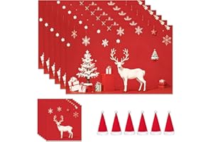 FOX·BUNNY Christmas Table Decoration - 18Pcs Placemats, Coasters, Cutlery Set - Washable Heat Proof Table Mats for Home