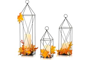 Romadedi Set di 3 lanterne per esterni in metallo nero, decorazione per casa moderna, vintage, veranda, tavolo, Natale, matrimonio, pavimento, camino, soggiorno