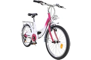 Fetcoi Bicicleta infantil de 20 pulgadas, 6 velocidades, para niños, con lámpara (rosa + blanco)