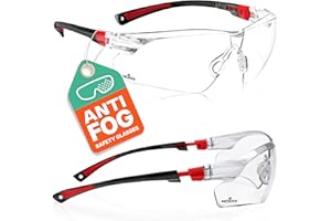 NoCry Safety Glasses with Clear Anti Fog Scratch Resistant Wrap-Around Lenses and Non-Slip Grips, UV Protection. Adjustable, Black & Red Frames