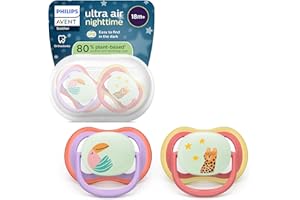 Philips Avent Sucettes de nuit ultra air - Tétines orthodontiques, pour bébés de 18 mois et plus, phosphorescentes, en silicone ultra-ferme d'origine végétale, sans BPA, lot de 2, SCF376/33