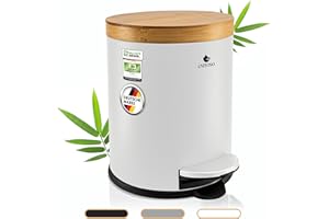 Exitoso Pattumiera da bagno da 5 l, colore bianco, con coperchio in legno di bambù e abbassamento automatico, con cuscinetto antiscivolo, pattumiera a pedale in acciaio inox, cestino per la spazzatura