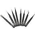 Catchex ESD Safe Powder Coated Anti-static Tweezers for Electronics Repair, Soldering, Crafting and Jewelry - Pack of 8, Black